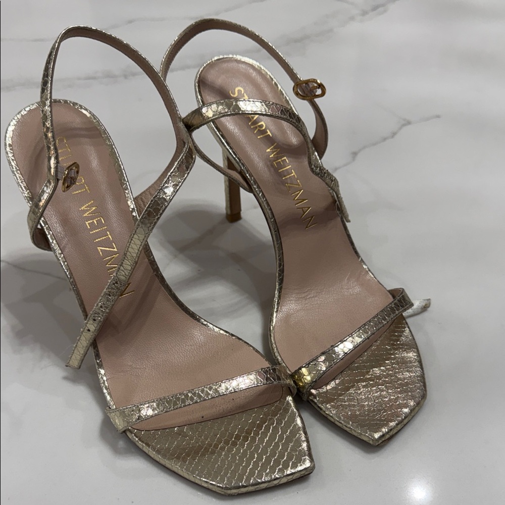 Stuart Weitzman Metallic Gold Strappy Stiletto Sandals